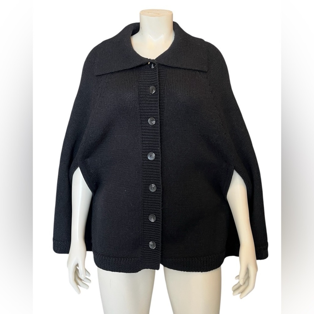Marina Luna Black Button-Up Poncho Sweater Size L /XL 100% Wool